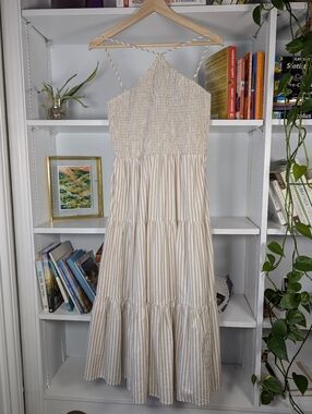 Halter Midi Dress Cream and Tan Striped Size Tiered Skirt Medium Sundress Beachy